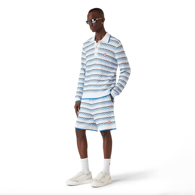 casablanca textured stripe knit camp collar short sleeve shirt & shorts